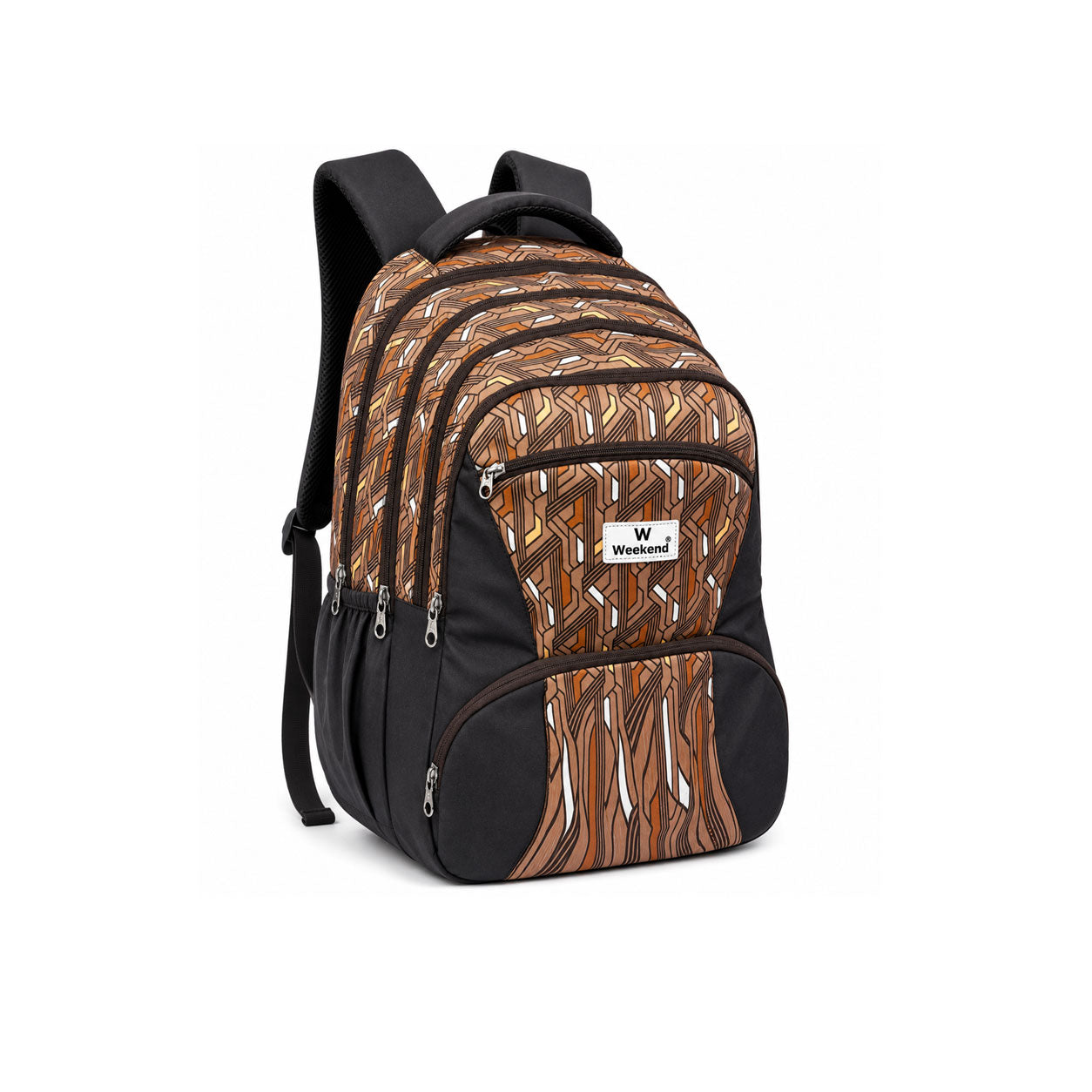 Weekend brown geometric print backpack with multiple zip compartments, front utility pockets, side pockets, and padded shoulder straps on a white background.