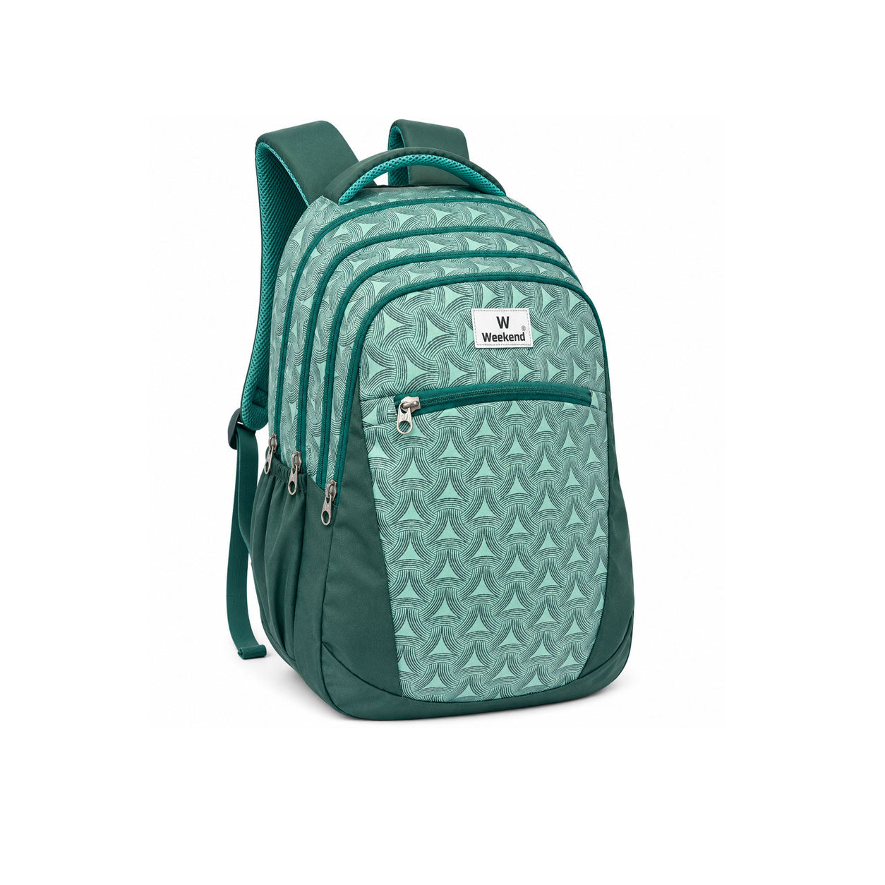 Weekend mint green printed backpack with multiple zip compartments, front pocket, side bottle holders, and padded shoulder straps on a white background.