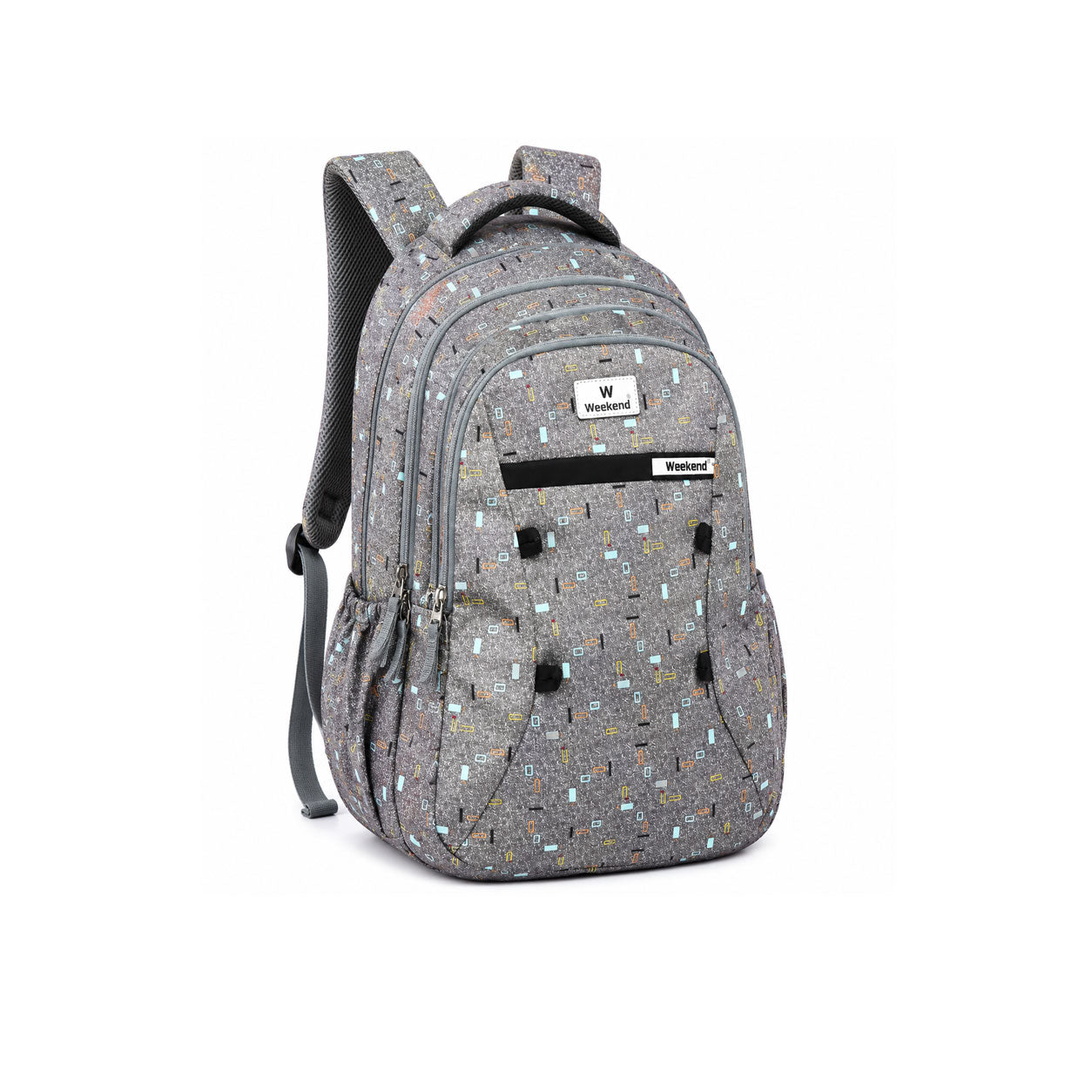 Weekend grey printed backpack with multiple zip compartments, side pockets, padded shoulder straps, and modern geometric pattern on a white background.