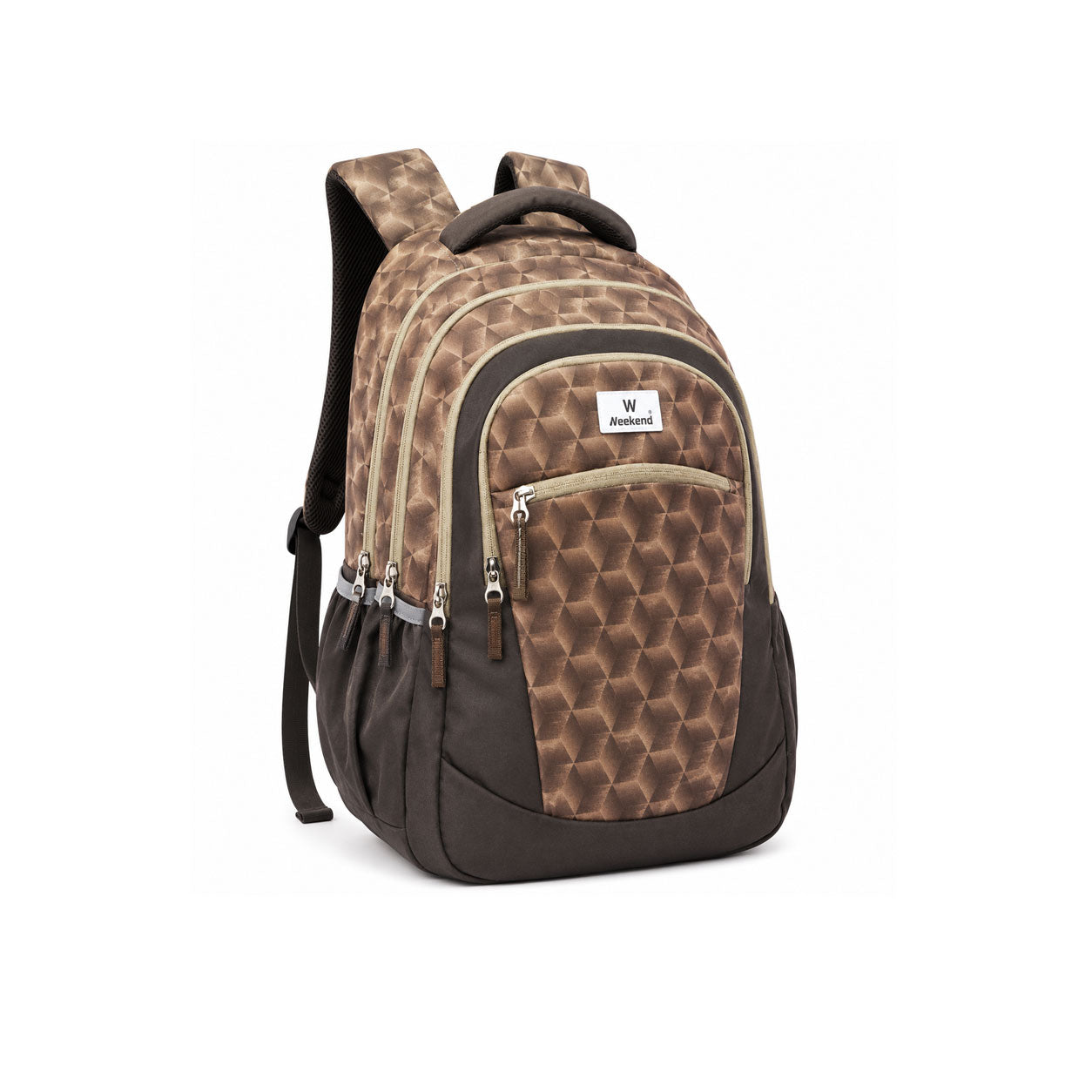Weekend brown geometric print backpack with multiple zip compartments, front utility pocket, side bottle holders, and padded shoulder straps on a white background.