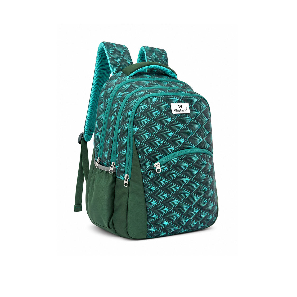 Teal and green Weekend backpack with geometric diamond print, multiple zippered compartments, side pockets, and padded shoulder straps on a white background.
