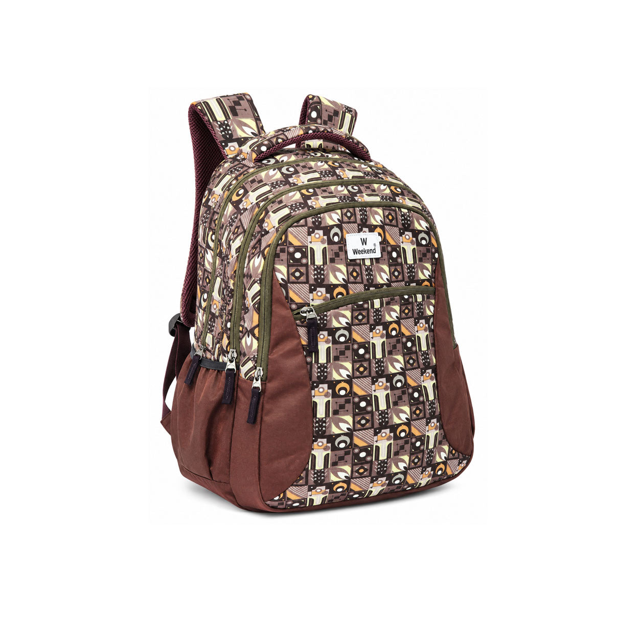 Weekend brown geometric printed backpack with multiple zippered compartments, side pockets, and padded shoulder straps on a white background.