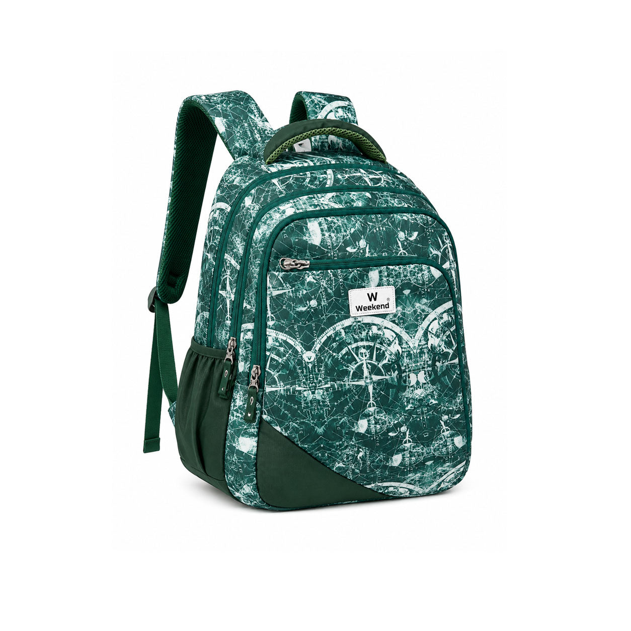 Green Weekend backpack with abstract graphic print, multiple zippered compartments, side pockets, padded shoulder straps, and spacious storage on a white background.