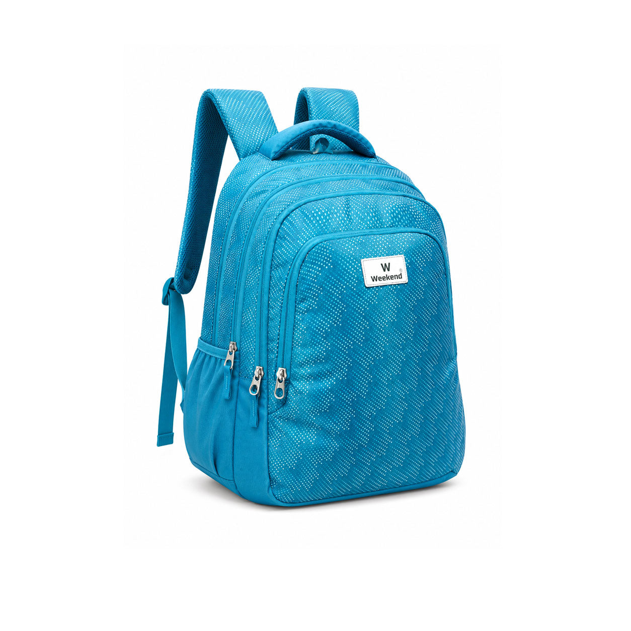 Sky blue Weekend backpack with multiple zippered compartments, side pockets, padded shoulder straps, and a modern textured pattern on a white background.