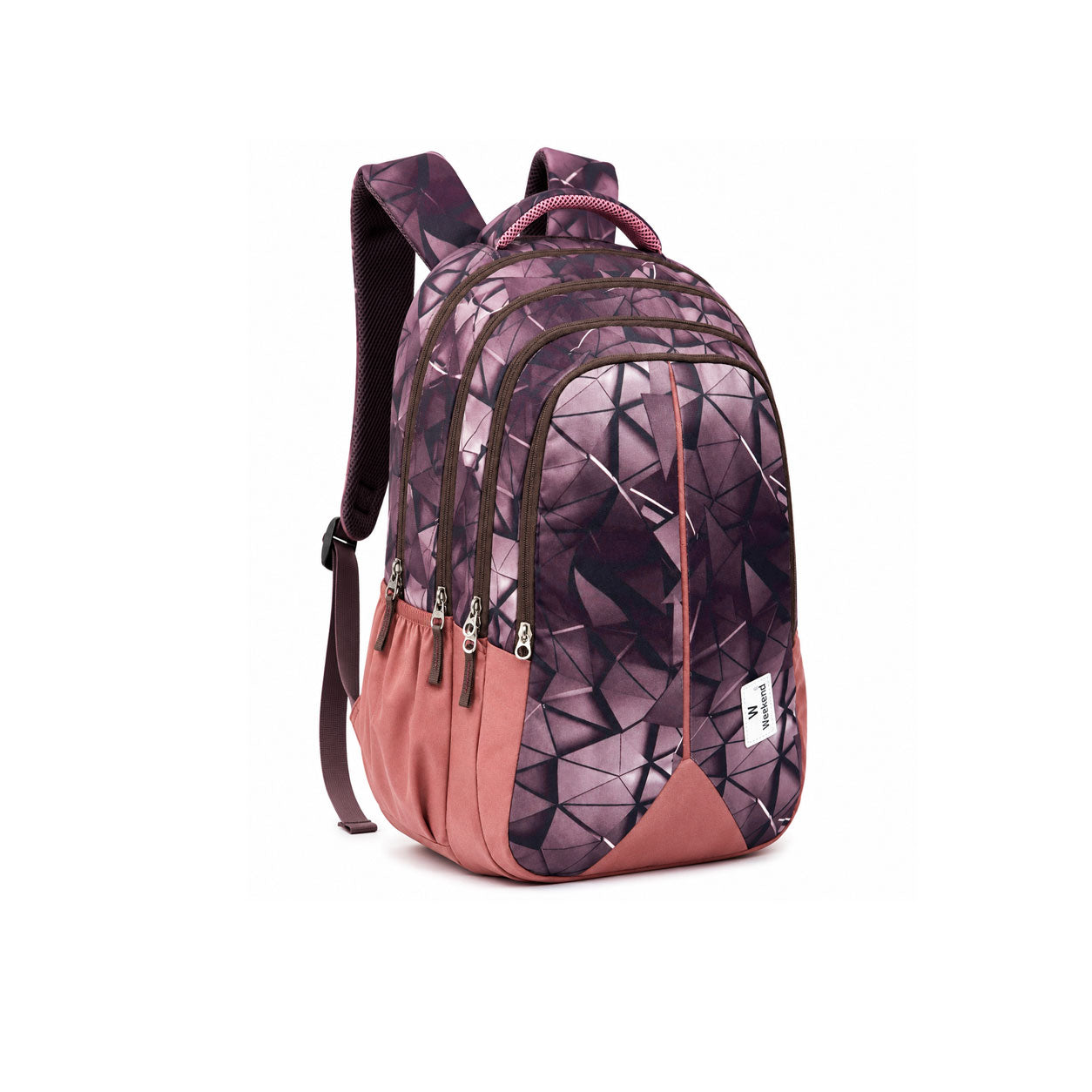 "Weekend geometric pattern school and college backpack with 4 compartments, purple and dusty rose printed design, lightweight travel and laptop bag."