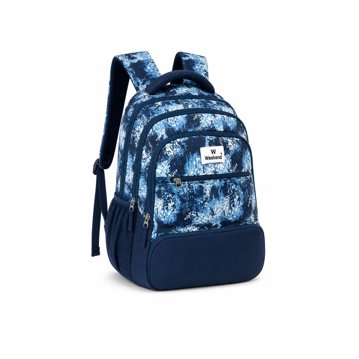 Blue abstract print Weekend backpack with multiple zippered compartments, side mesh pockets, padded shoulder straps, and a spacious design on a white background.