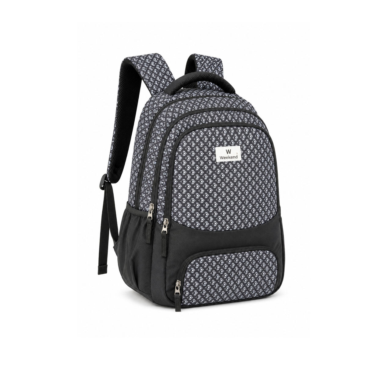 Black Weekend backpack with white all-over print, multiple zippered compartments, front utility pocket, side pockets, and padded shoulder straps on a white background.