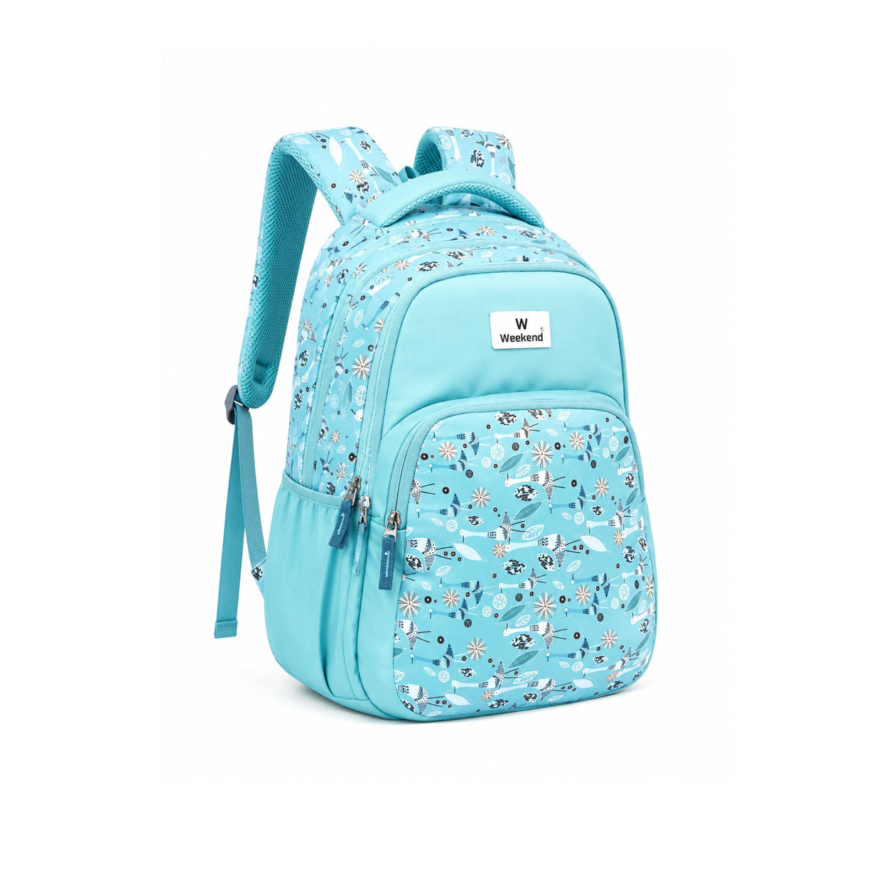 Weekend 31L sky blue printed backpack with multiple zippered compartments, front utility pocket, side pockets, and padded shoulder straps on a white background.