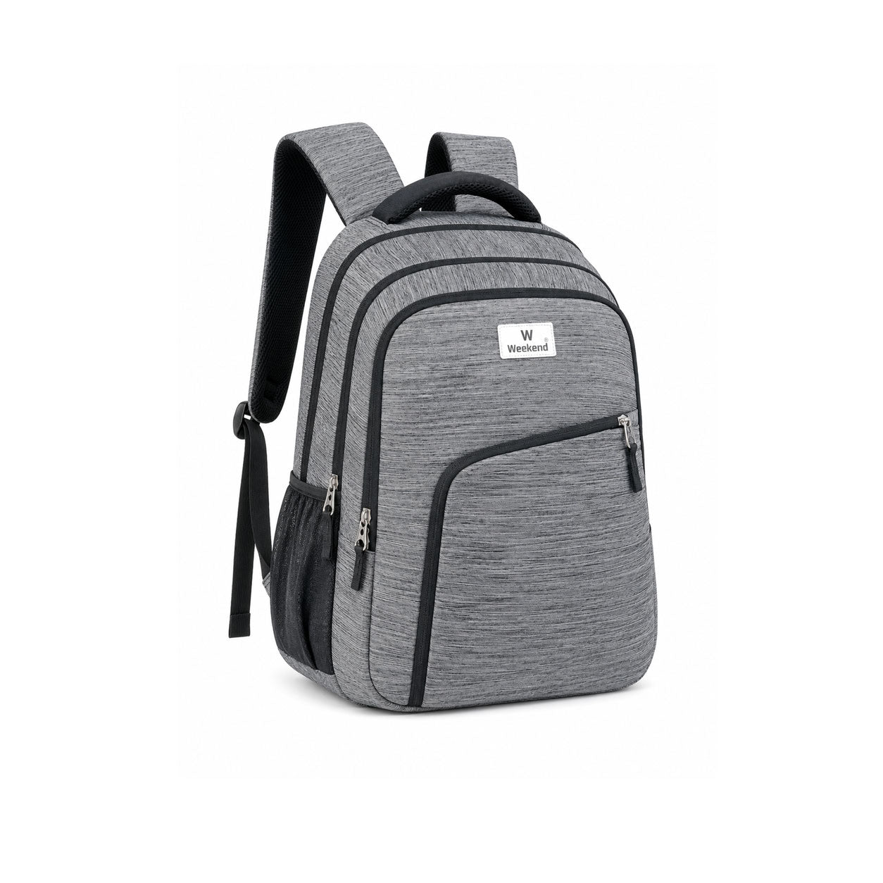 Grey melange Weekend backpack with multiple zippered compartments, front organizer pocket, side utility pockets, and padded shoulder straps on a white background.