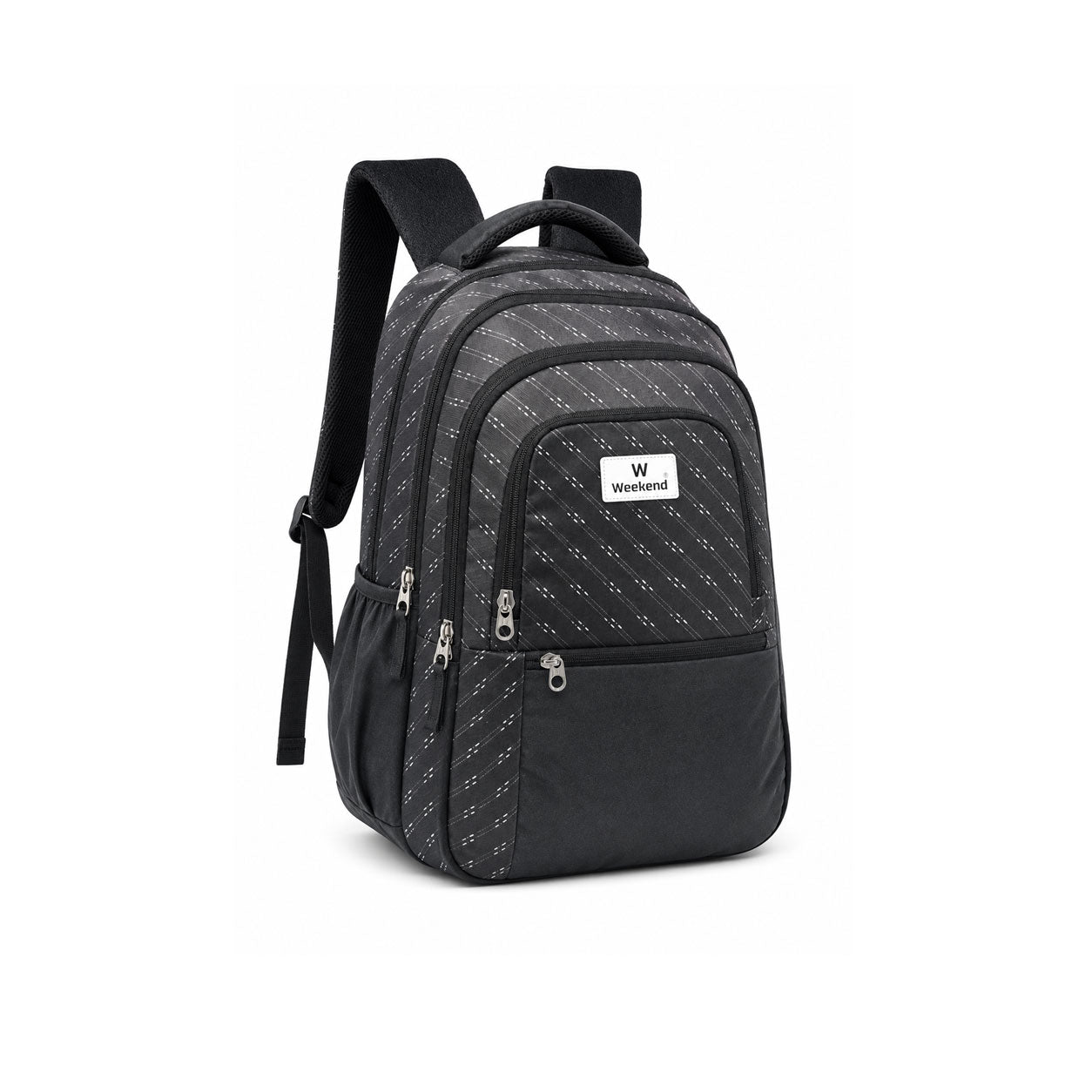 Black Weekend backpack with striped pattern, multiple zippered compartments, side pockets, and padded shoulder straps on a white background.