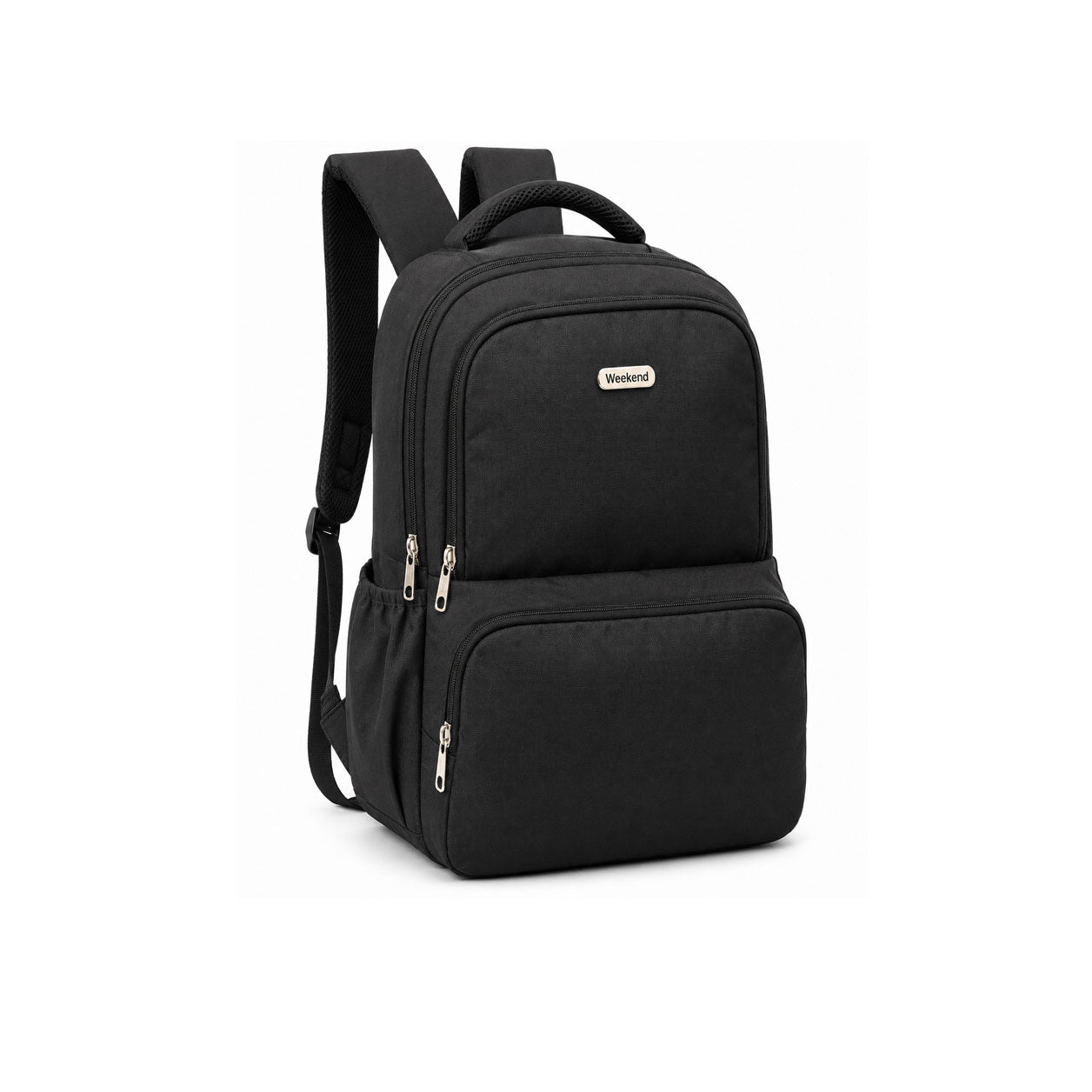 Weekend Super Jumbo professional black laptop backpack with multiple compartments and spacious front pocket on a white background.