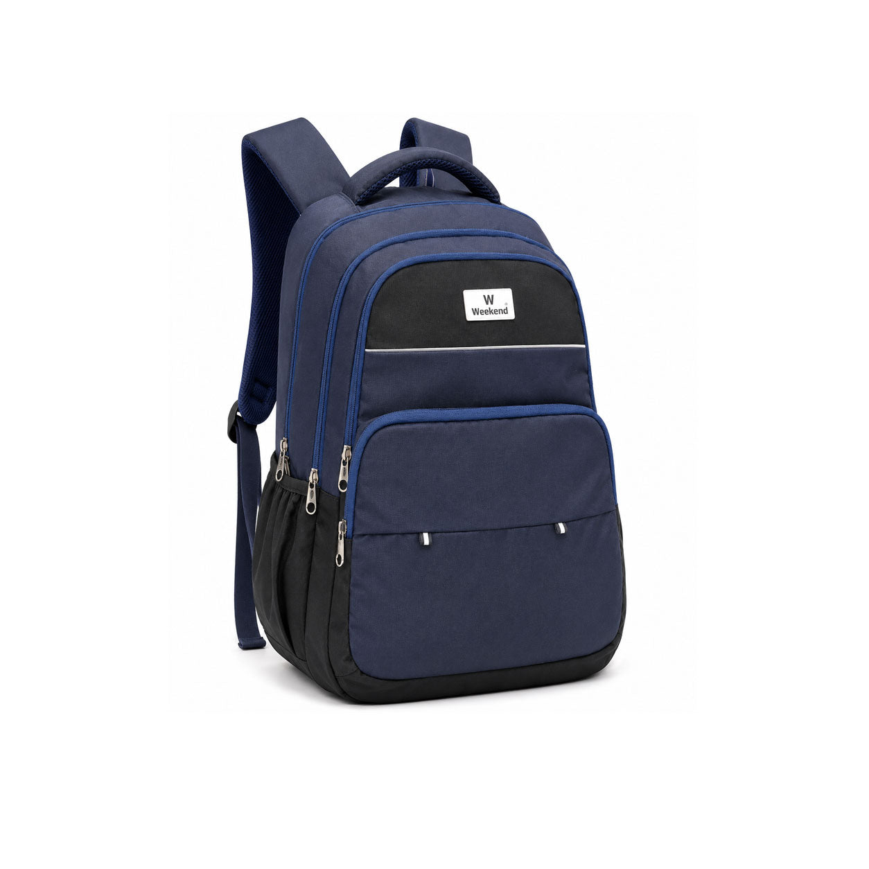 Weekend navy blue and black multi-compartment backpack with front pocket, side mesh pockets, and padded shoulder straps on a white background.