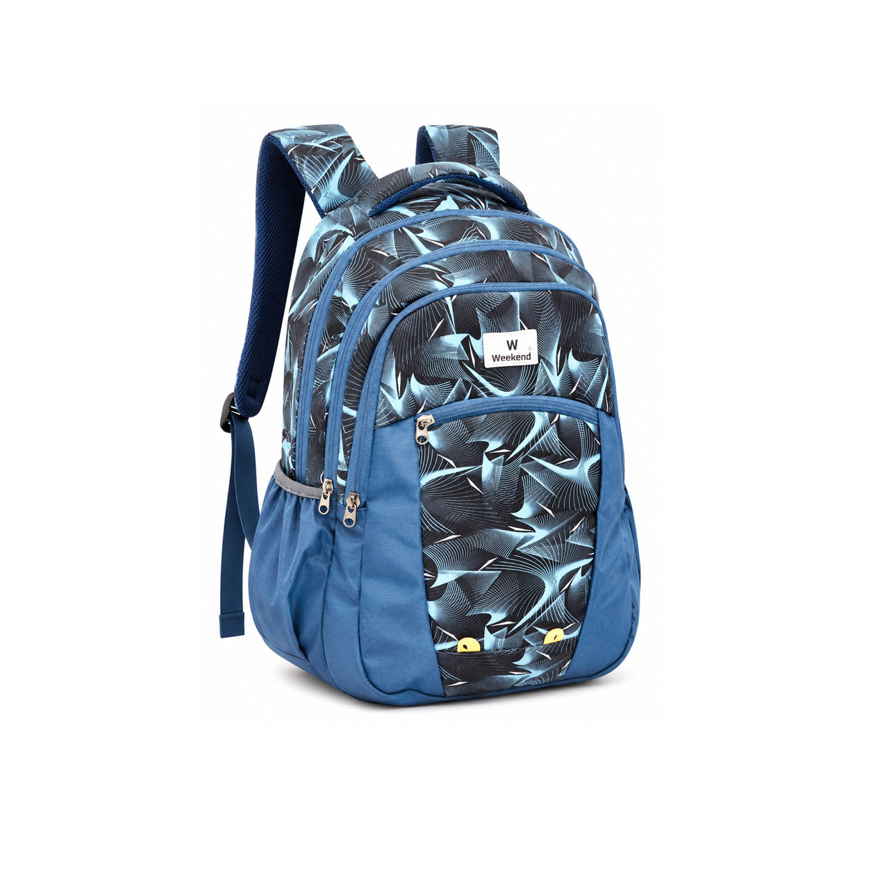 Blue printed Weekend backpack with multiple compartments, side pockets, and padded shoulder straps on a white background.
