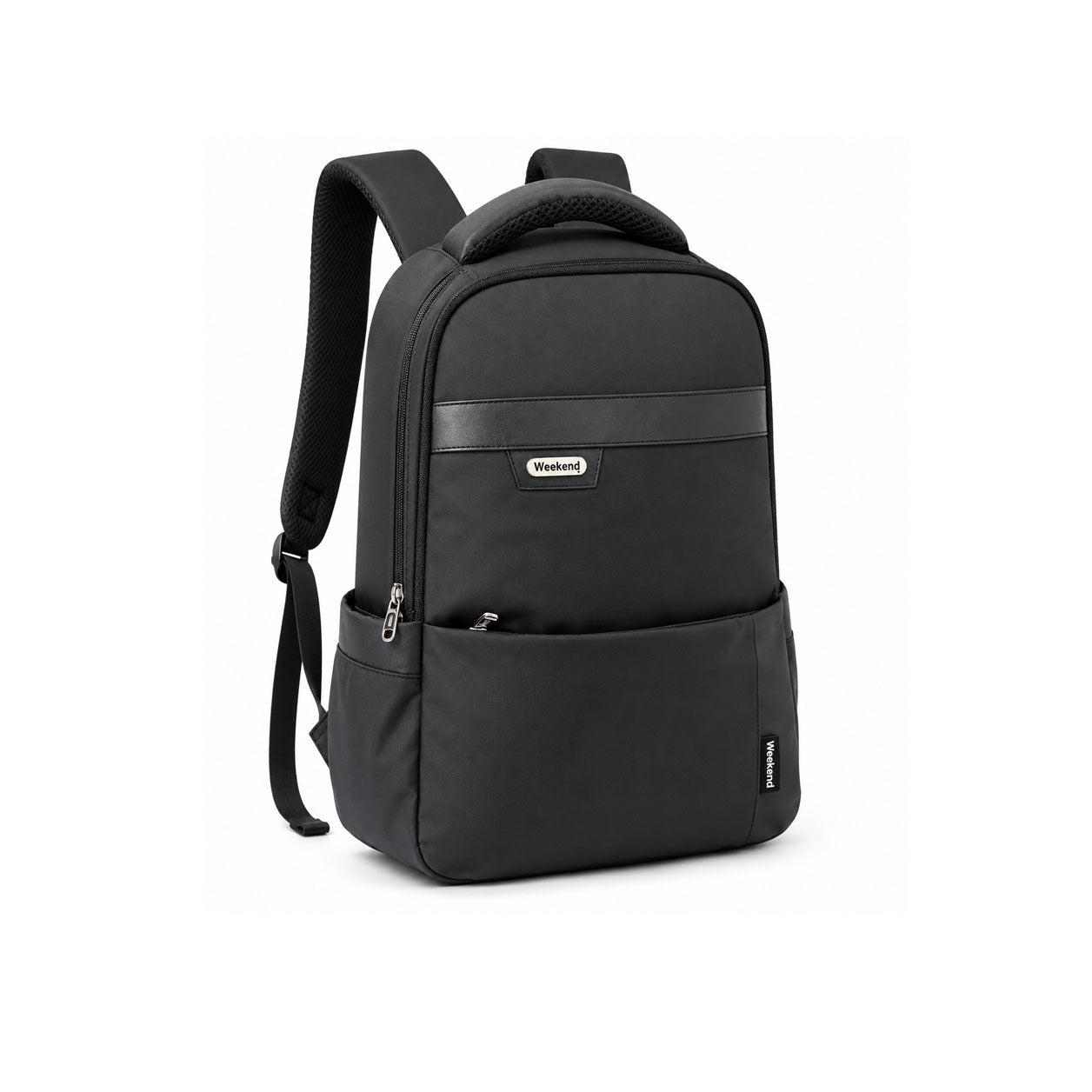Weekend black laptop backpack with minimalist design, front utility pocket, padded shoulder straps, and multiple compartments on a white background.