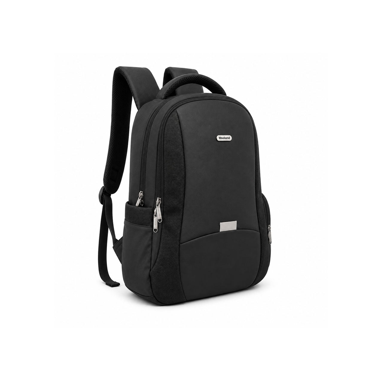 Weekend professional black laptop backpack with multiple compartments, padded shoulder straps, and modern minimalist design on a white background.