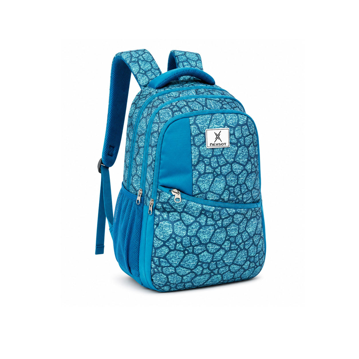 Weekend 40L blue stone-pattern printed backpack with multiple zippered compartments, side mesh pockets, padded shoulder straps, and spacious storage on a white background.