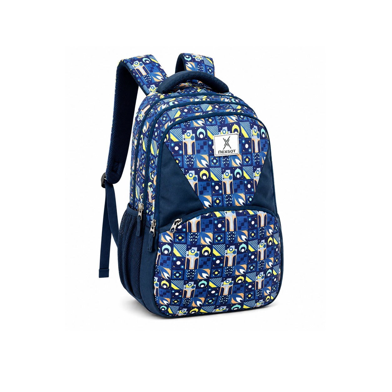 Weekend 40L blue geometric print backpack with multiple compartments, front utility pocket, side mesh pockets, and padded shoulder straps on a white background.