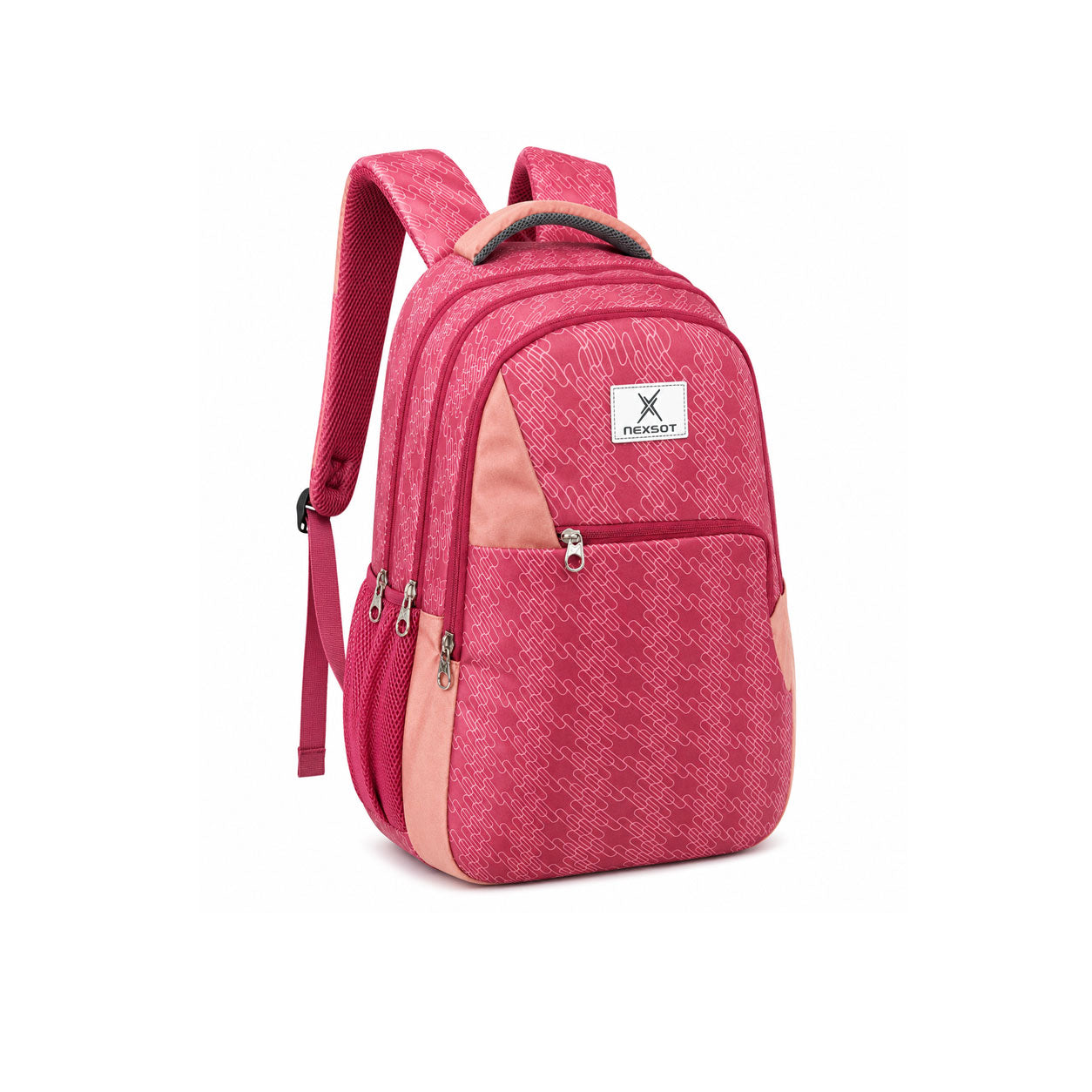Weekend x Nexsot 40L pink printed backpack with multiple zippered compartments, front utility pocket, side mesh pockets, padded shoulder straps, and spacious storage on a white background.