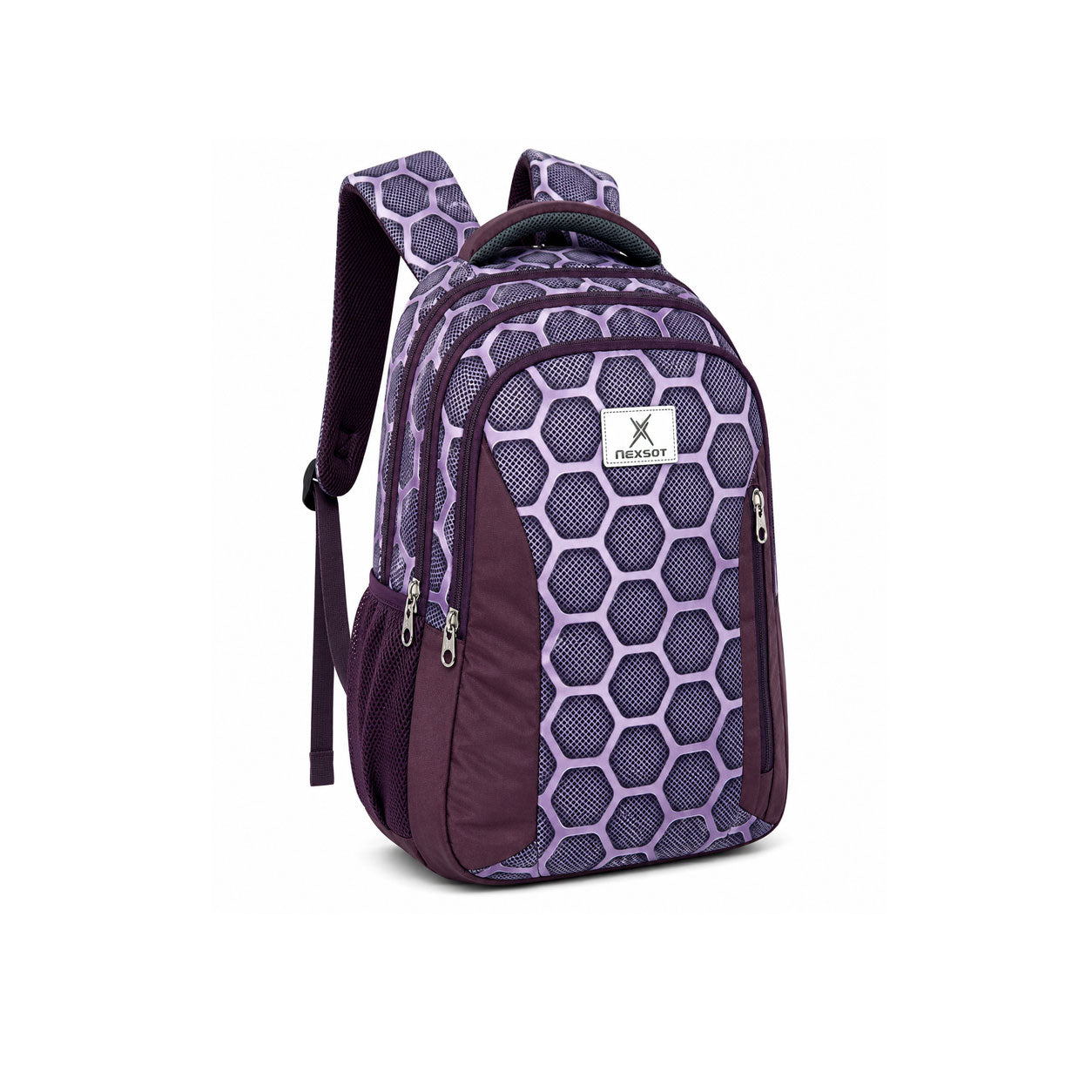 Weekend 40L purple hexagon-pattern backpack with multiple zippered compartments, side mesh pockets, padded shoulder straps, and spacious storage on a white background.