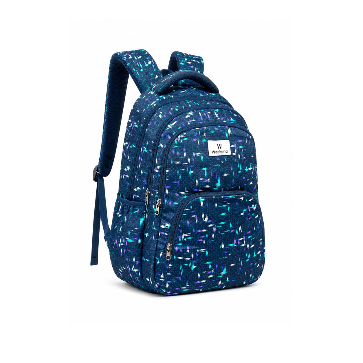 Weekend 40L navy blue abstract print backpack with multiple zippered compartments, front organizer pocket, side utility pockets, and padded shoulder straps on a white background.