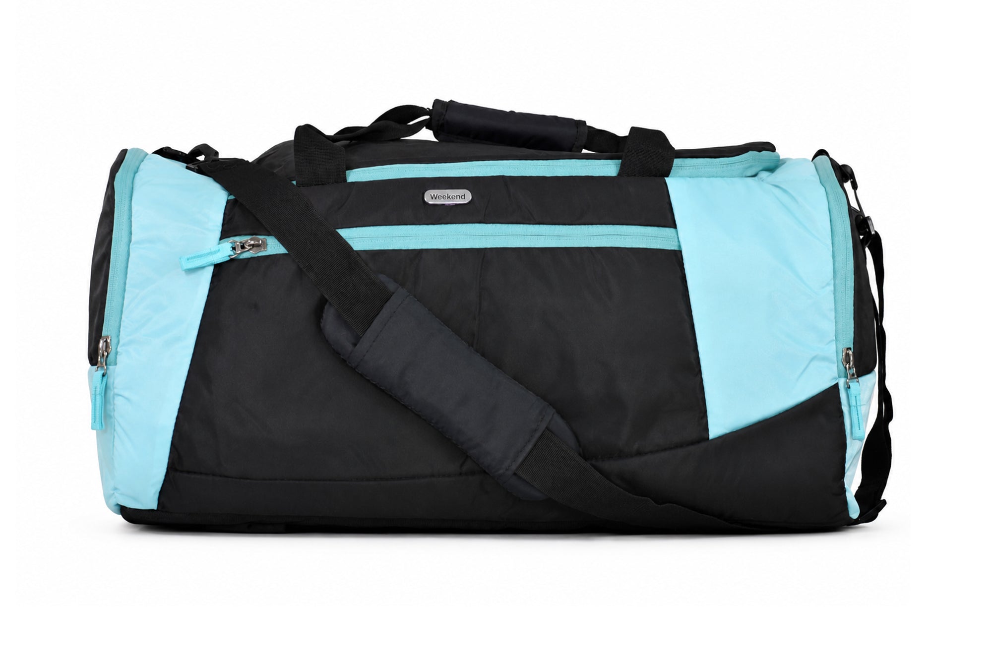 Weekend aqua blue and black large travel duffle bag with spacious compartments, premium zippers, padded shoulder strap, and water-resistant fabric for gym, sports, travel, and weekend trips.