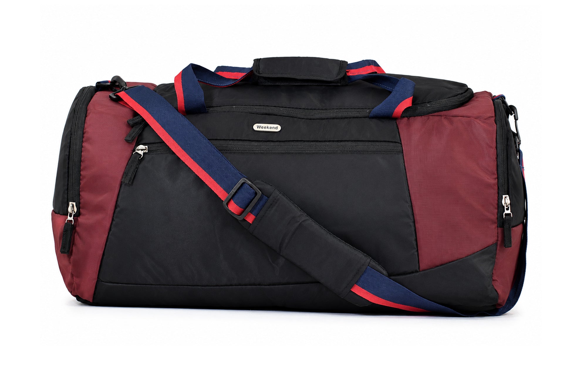 Weekend maroon and black large travel duffle bag with spacious compartments, adjustable padded shoulder strap, premium zippers, and water-resistant fabric for gym, travel, sports, and weekend trips.