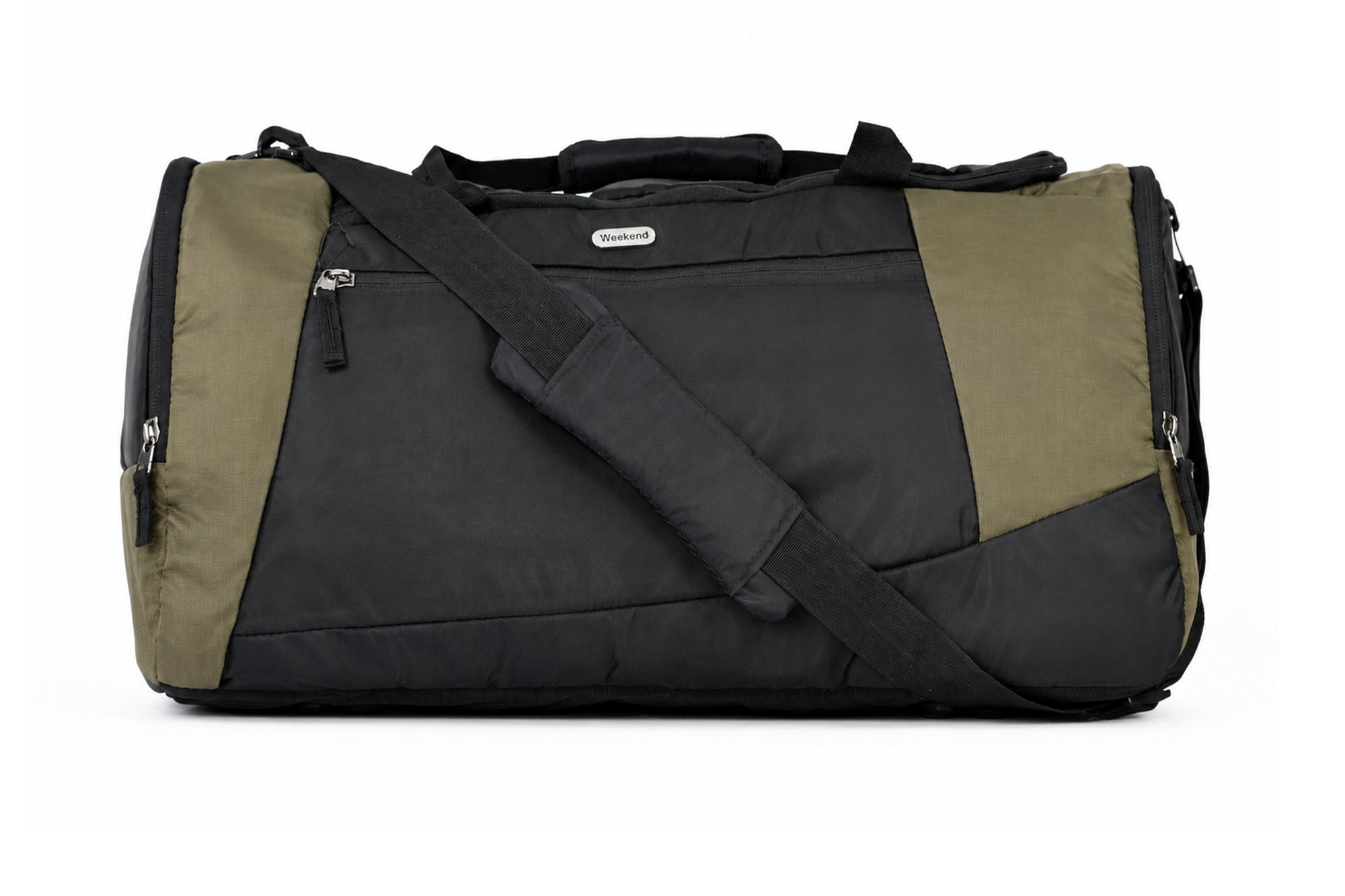 Weekend olive green and black travel duffle bag with spacious storage, adjustable padded shoulder strap, premium zippers, and water-resistant fabric for travel, gym, sports, camping, and weekend trips.