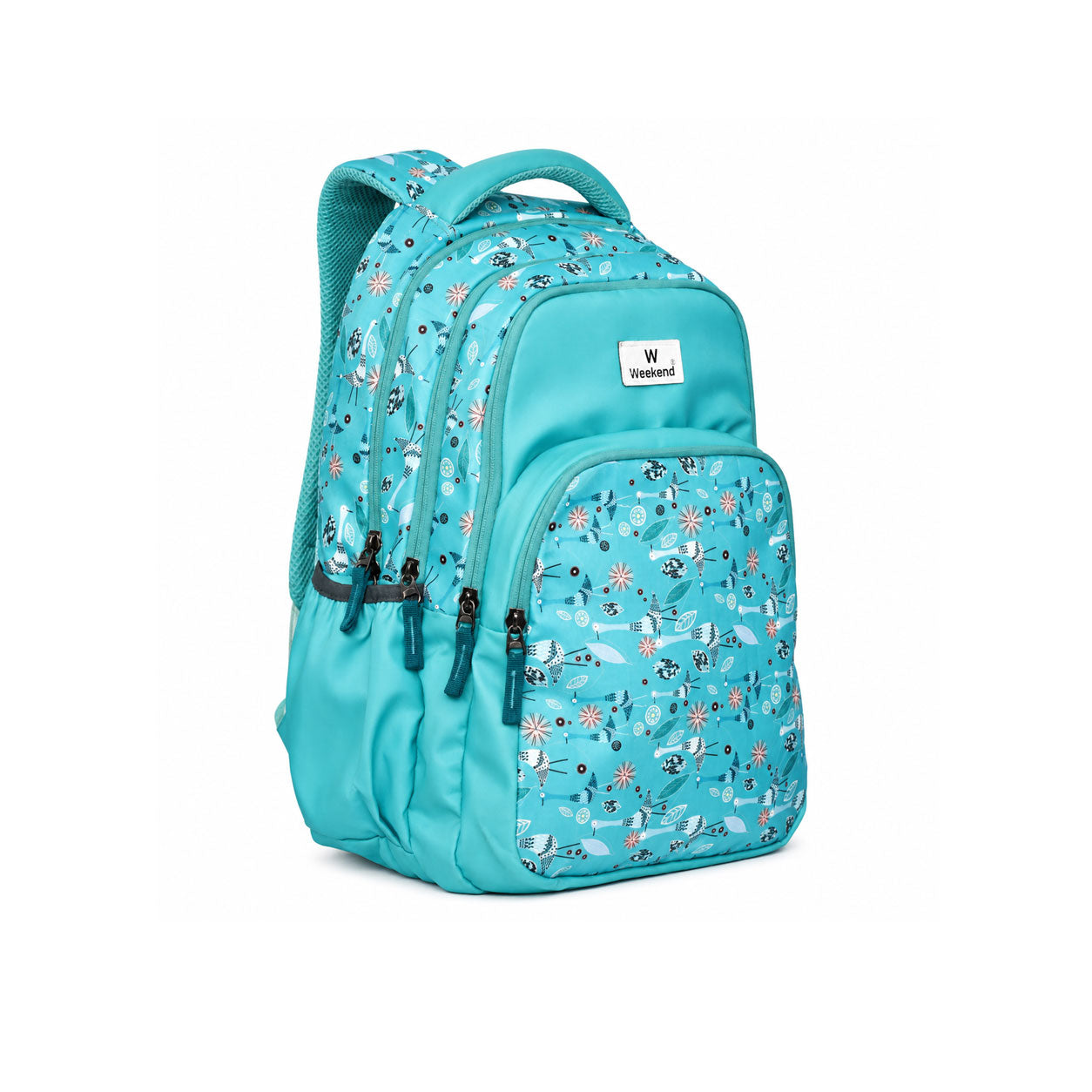 Weekend 31L lightweight turquoise backpack with a printed design, multiple zippered compartments, side pockets, and padded shoulder straps, suitable for school, college, and travel, displayed on a white background.