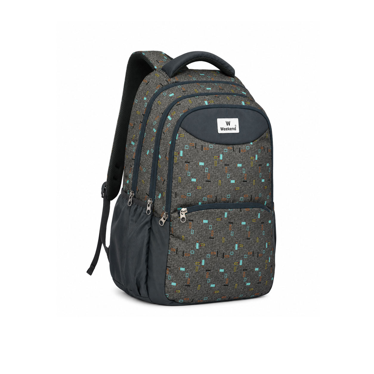 Weekend 50L regular school backpack with rain cover, featuring multiple zip compartments, side pockets, padded shoulder straps, and a spacious design for students.