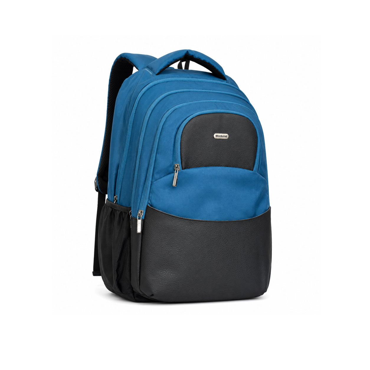Blue and black Weekend 41L backpack with multiple zippered compartments, front pocket, side pockets, and padded shoulder straps on a white background.