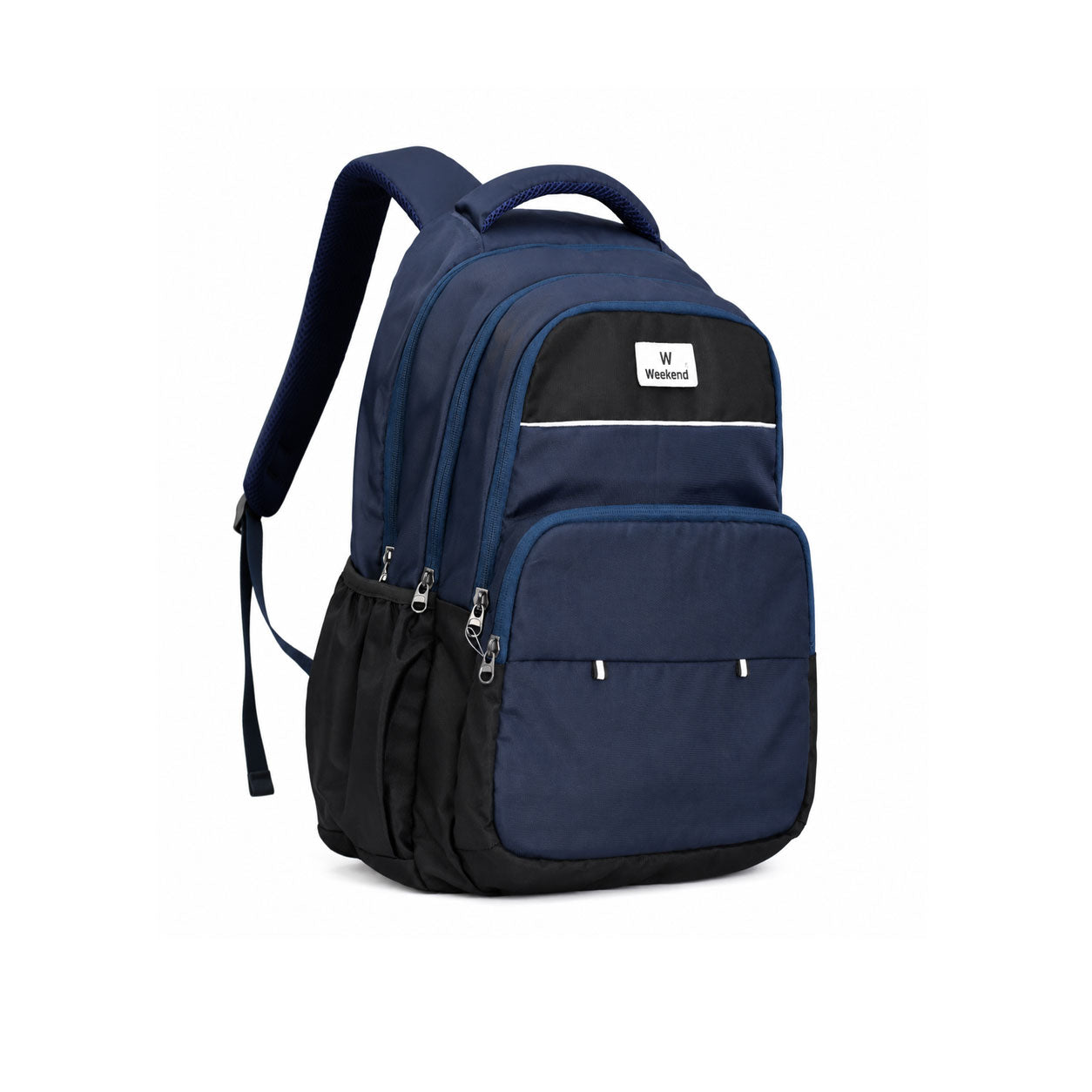 Weekend 50L regular school backpack with rain cover, featuring multiple zip compartments, side pockets, padded shoulder straps, and a spacious design for students.