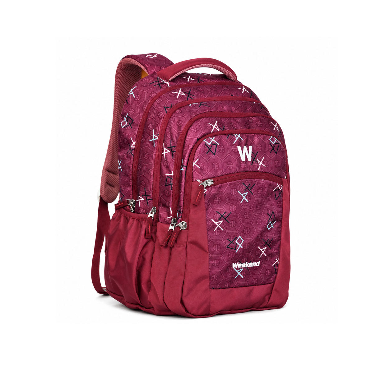 Weekend 55L maroon school backpack with rain cover, featuring multiple zip compartments, side bottle pockets, padded shoulder straps, and a stylish printed design on a white background.