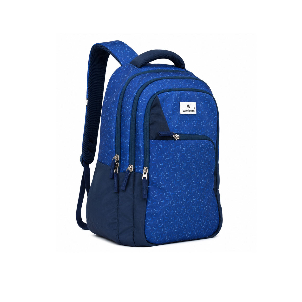 Weekend Economy 40L blue school backpack with rain cover, featuring multiple zip compartments, side pockets, padded shoulder straps, and a lightweight design on a white background.