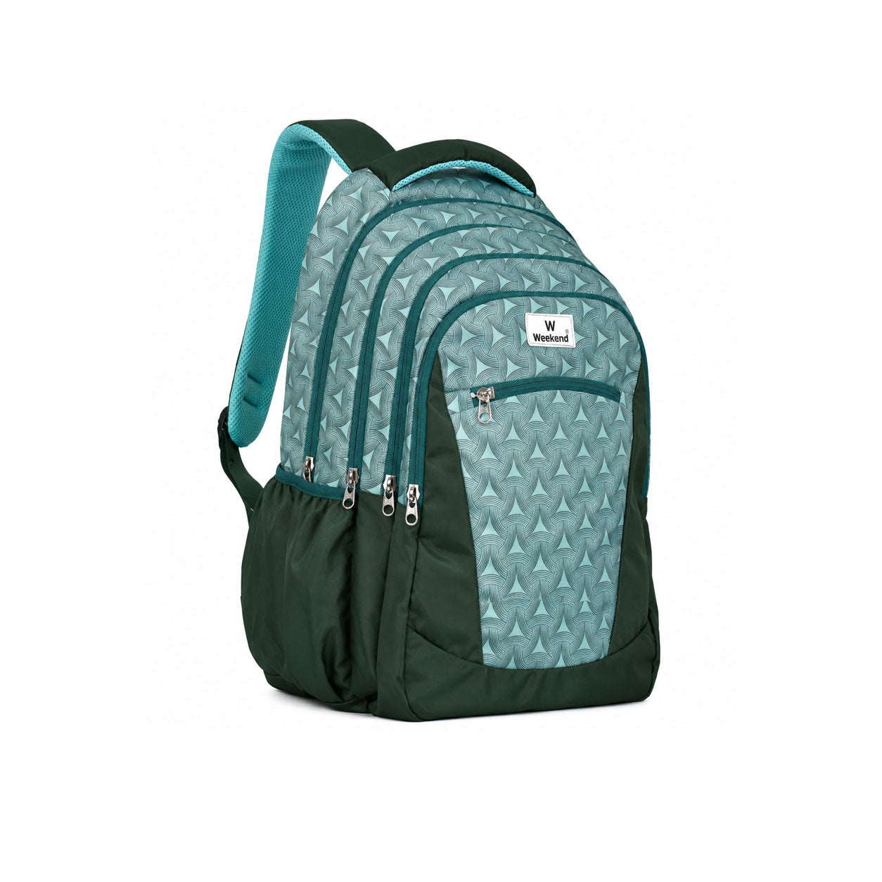 Weekend 59L school backpack with rain cover in mint green and dark green colors, featuring multiple zip compartments, side pockets, padded shoulder straps, and a stylish geometric pattern on a white background.