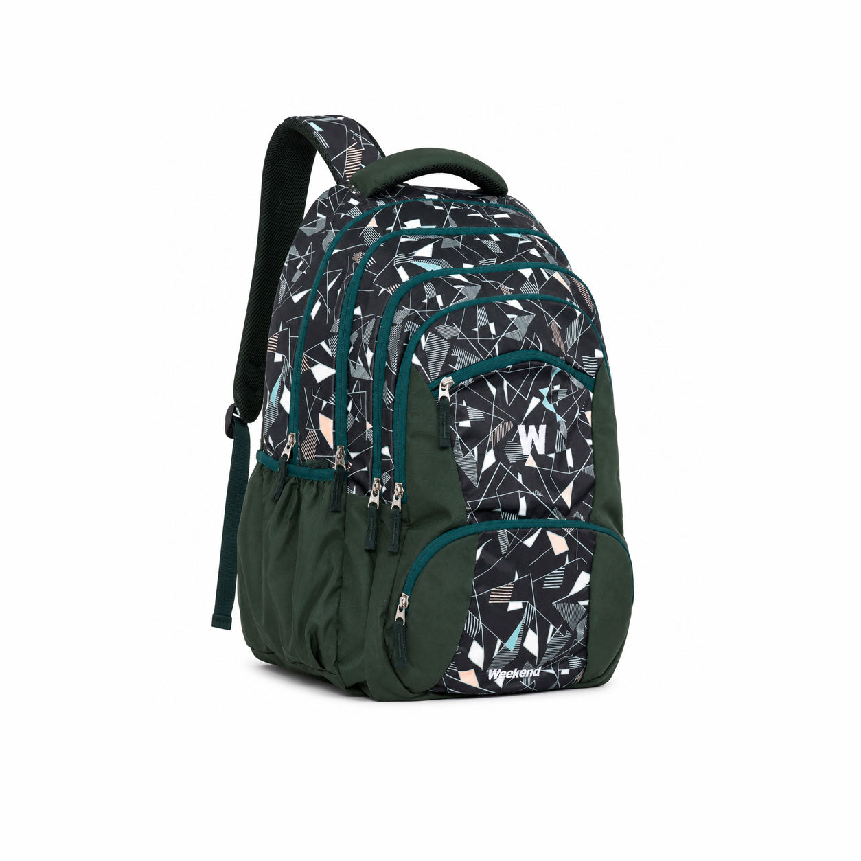 Weekend 59L black and dark green school backpack with rain cover, featuring multiple zip compartments, side bottle pockets, padded shoulder straps, and a stylish geometric print design on a white background.