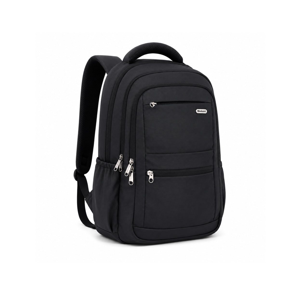Black 23L laptop backpack with multiple zip compartments, padded laptop sleeve, ergonomic shoulder straps, and side bottle pockets on a white background.