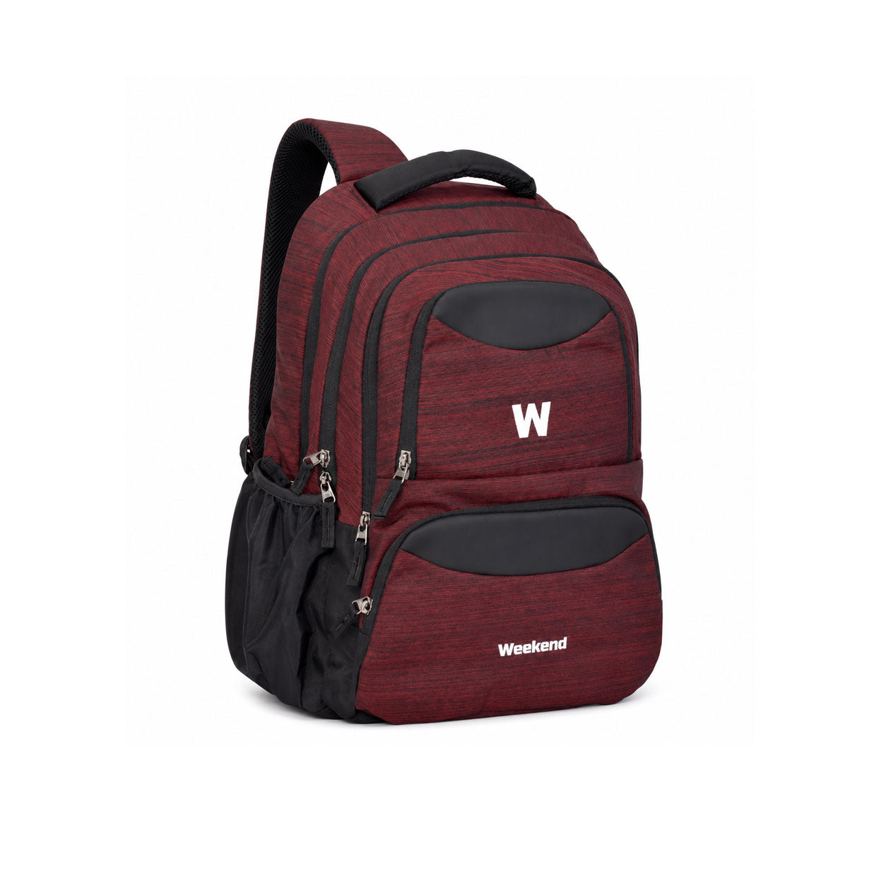 WEEKEND 51L maroon laptop backpack with multiple compartments, black accents, padded shoulder straps, and spacious storage for travel, office, college, and daily use.