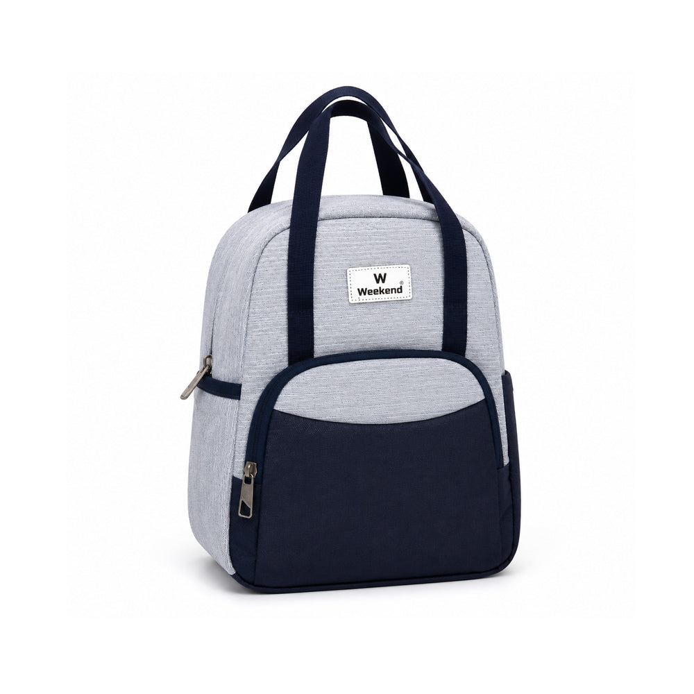 WEEKEND insulated grey and navy lunch bag with front zip pocket, dual carry handles, and spacious thermal compartment on a white background.