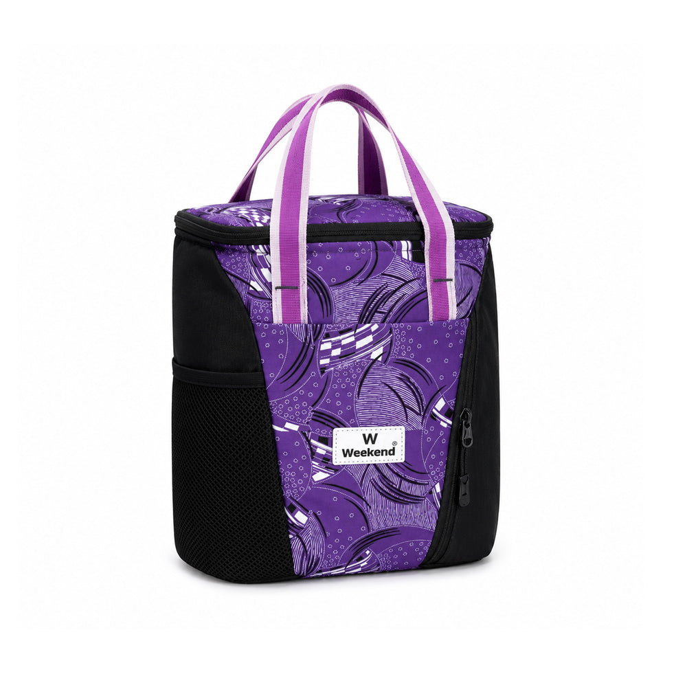 Weekend purple insulated lunch bag with thermal lining, front storage pocket, side mesh bottle holder, durable dual carry handles, and spacious zippered compartment on a white background.