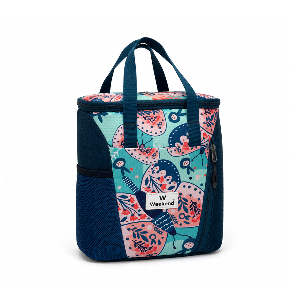 Weekend floral insulated lunch bag with thermal lining, spacious zippered compartment, front pocket, side mesh bottle holder, durable carry handles, and colourful floral print on a white background.
