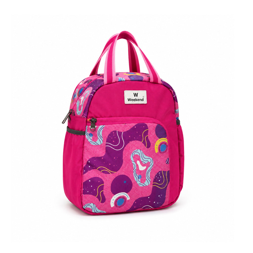 Weekend pink insulated lunch bag with abstract printed front pocket, spacious thermal compartment, dual carry handles, side bottle pockets, and durable water-resistant fabric on a white background.