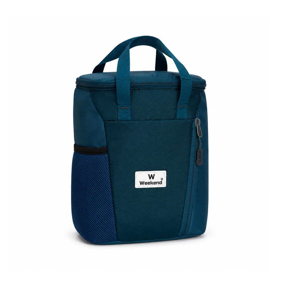 Weekend navy blue insulated lunch bag with spacious thermal compartment, front storage pocket, side mesh bottle holder, durable dual carry handles, and water-resistant fabric on a white background.