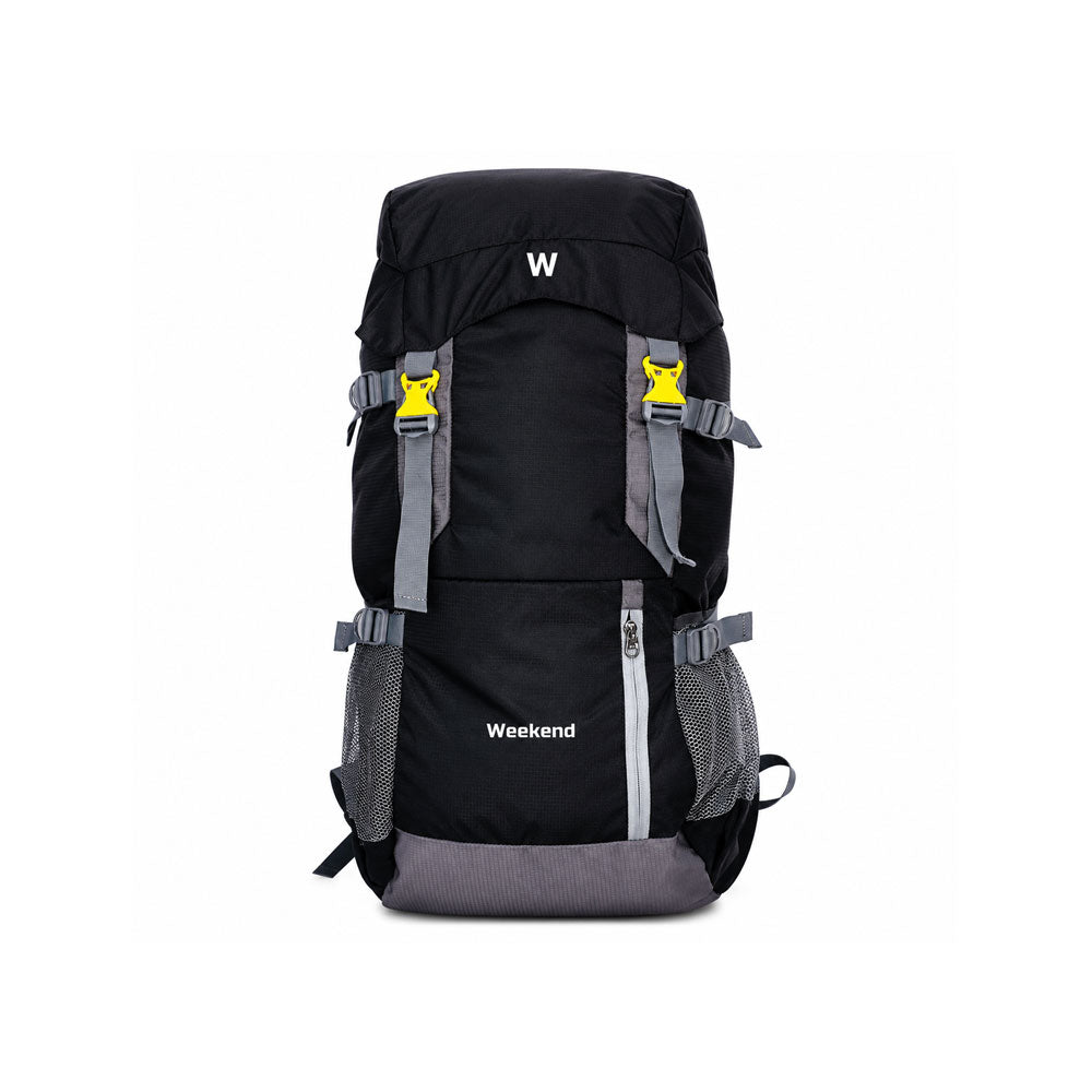Weekend black 56L trekking rucksack backpack with multiple compartments, compression straps, side mesh bottle pockets, padded shoulder support, and durable water-resistant fabric on a white background.