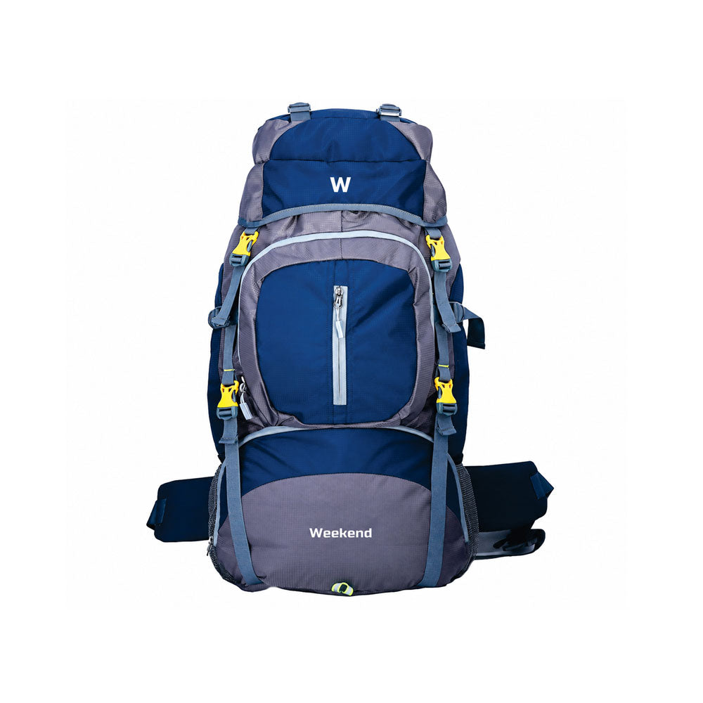 Weekend 65L blue and grey trekking rucksack backpack with multiple compartments, compression straps, padded waist belt, adjustable shoulder straps, and hiking gear attachment points on a white background.