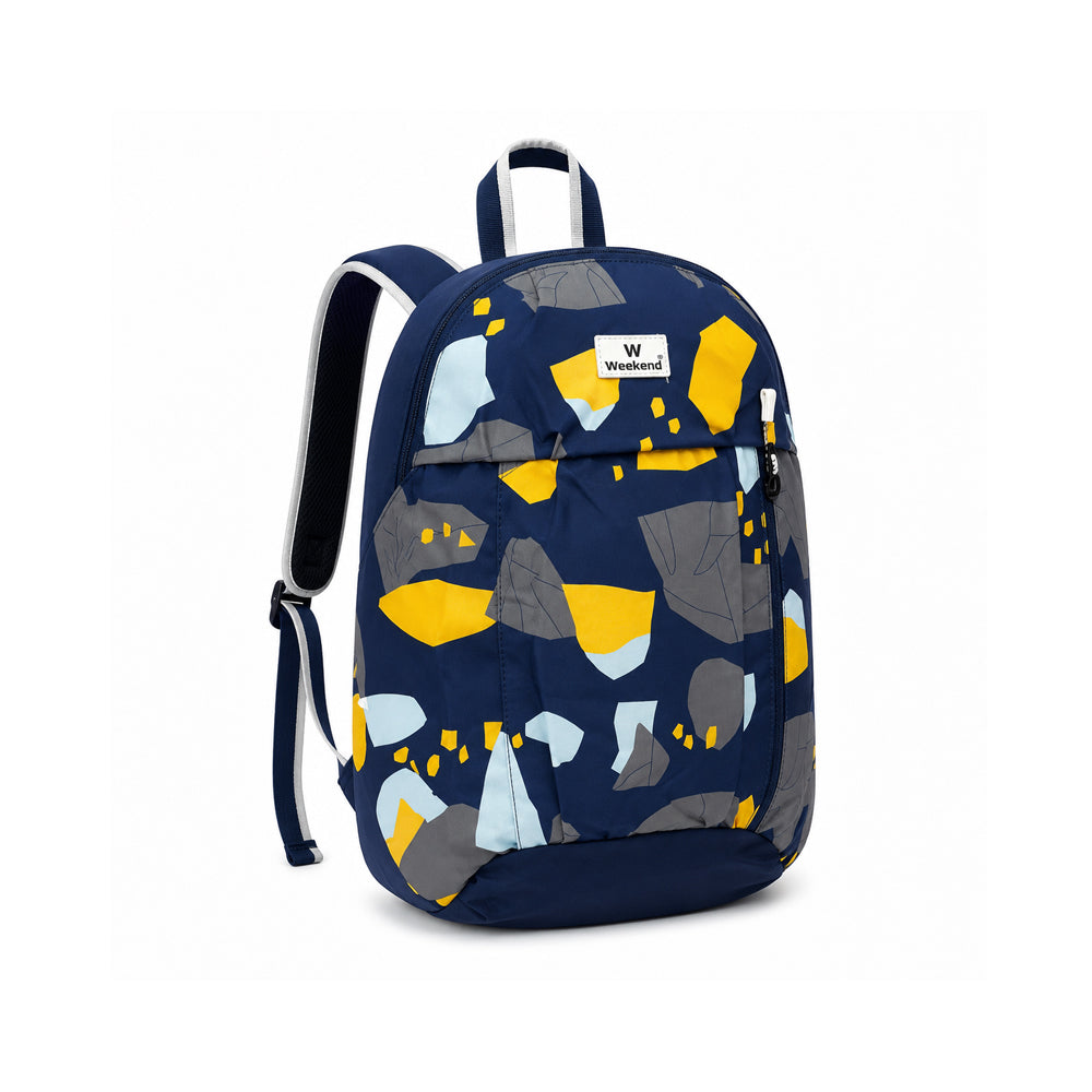 Weekend blue printed tuition backpack with abstract geometric design, spacious compartment, padded shoulder straps, and lightweight construction on a white background.