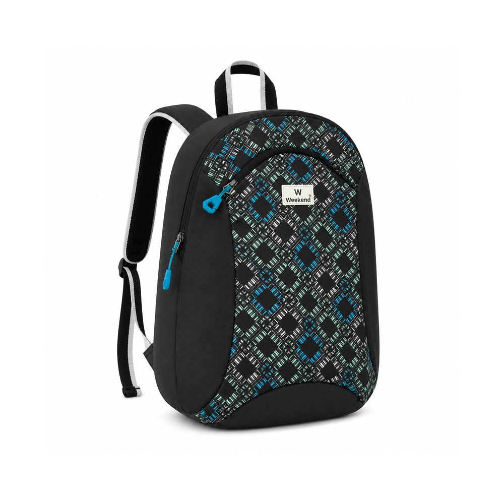 Weekend black printed tuition backpack with blue geometric pattern, spacious zippered compartment, padded shoulder straps, and lightweight design on a white background.