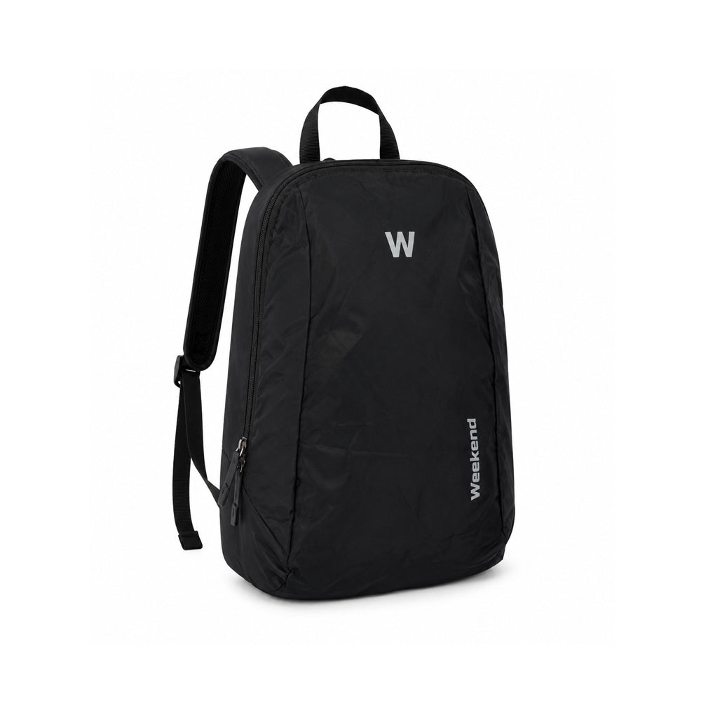 Weekend minimalist black tuition backpack with a sleek modern design, spacious main compartment, padded shoulder straps, and durable lightweight construction on a white background.