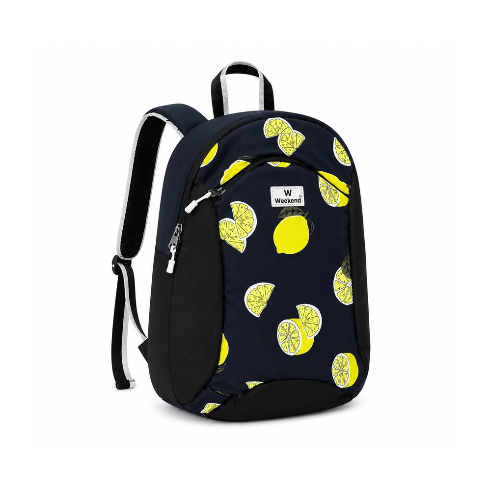 Weekend navy blue tuition backpack with vibrant lemon print, spacious zippered compartments, padded shoulder straps, durable lightweight construction, and modern design on a white background.