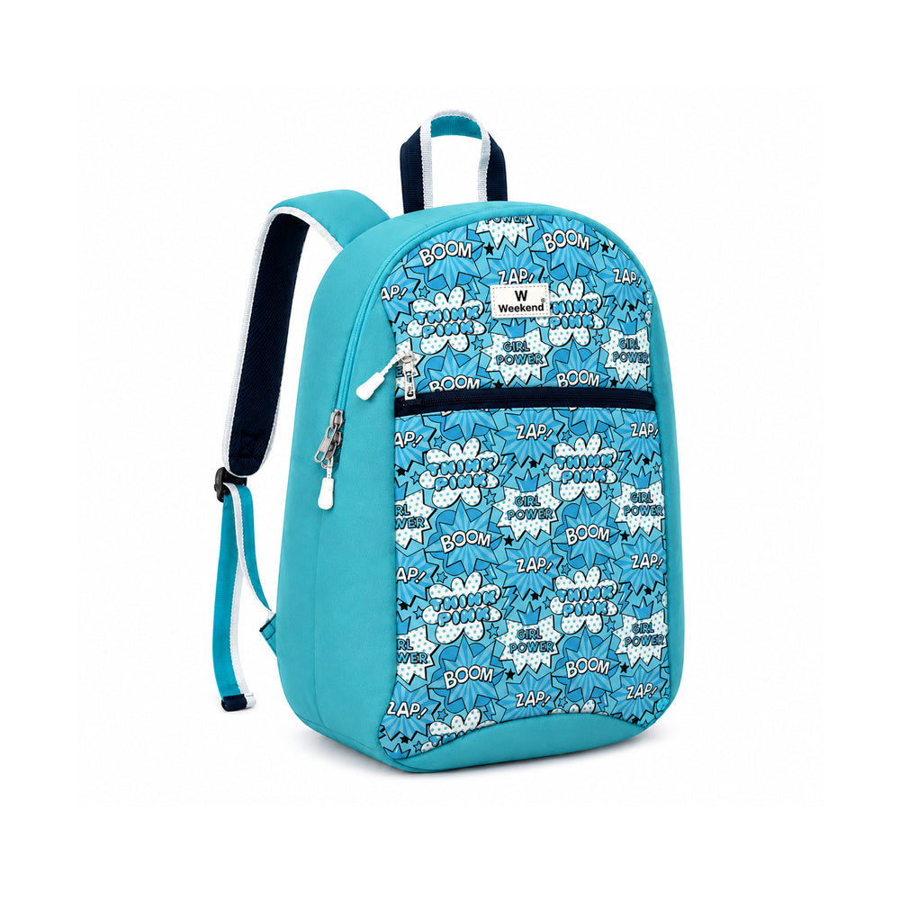 Weekend blue comic print tuition backpack with spacious zippered compartments, padded shoulder straps, durable lightweight polyester construction, and stylish comic-inspired design on a white background.
