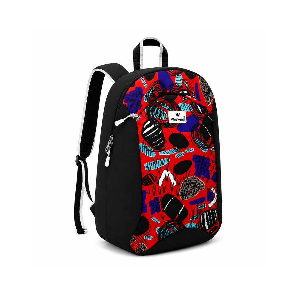 Weekend red abstract printed tuition backpack with spacious zippered compartments, padded shoulder straps, durable lightweight polyester construction, and modern artistic design on a white background.